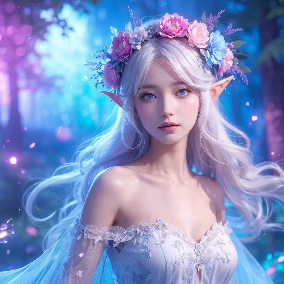 beautiful woman, white hair, white eyes, wearing pink and light blue flower crown, wearing white dress, elf ear, "surrounded by light blue, pink, and purple light, magic forest background