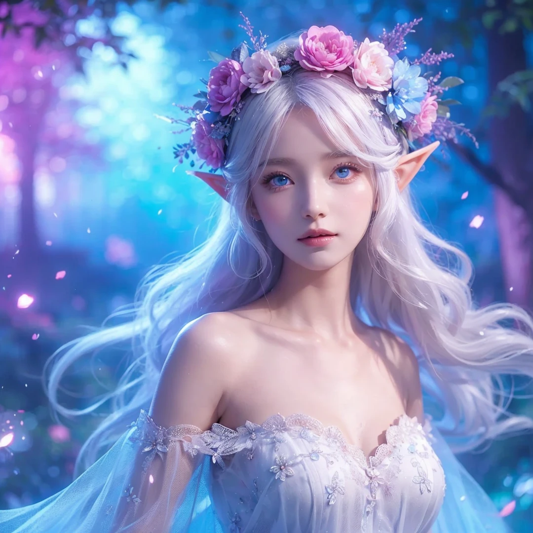 beautiful woman, white hair, white eyes, wearing pink and light blue flower crown, wearing white dress, elf ear, "surrounded by light blue, pink, and purple light, magic forest background