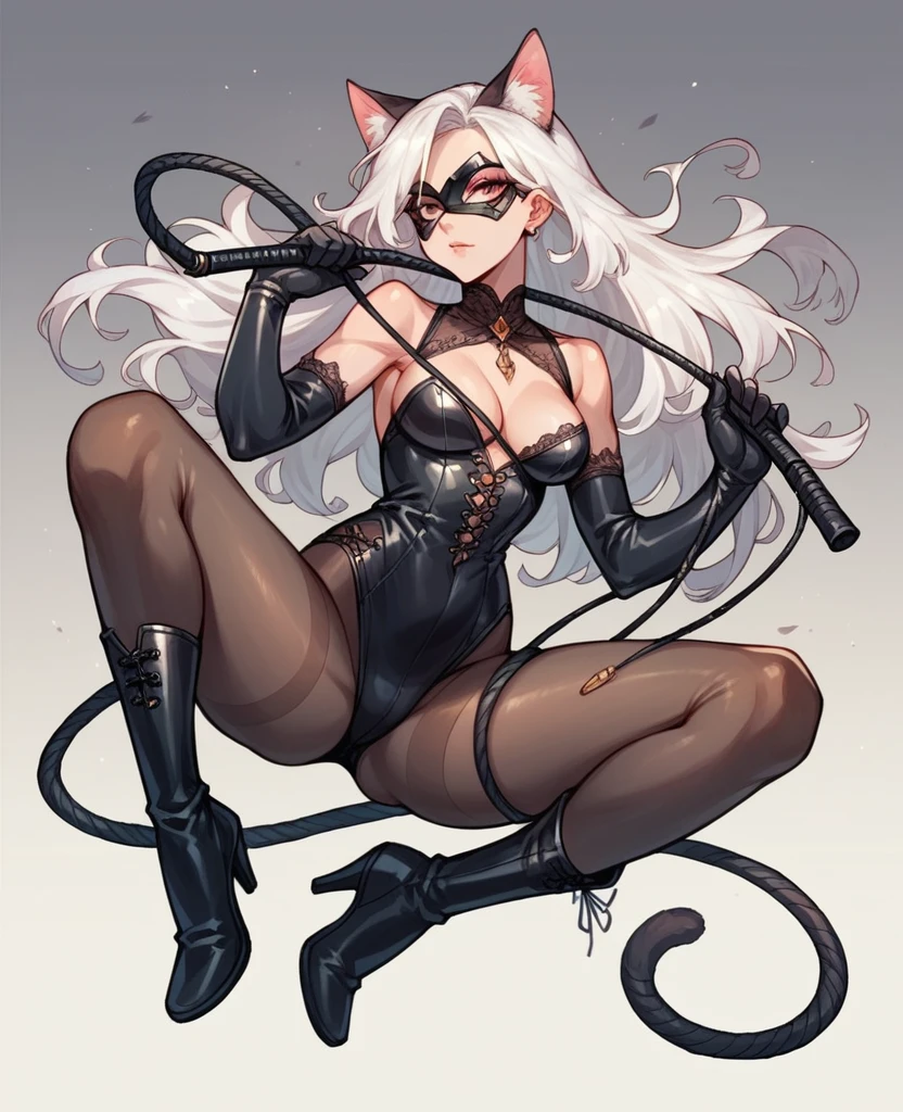 Lace sexy cat gloves and pantyhose with high heels long boots and whip and white hair and mask