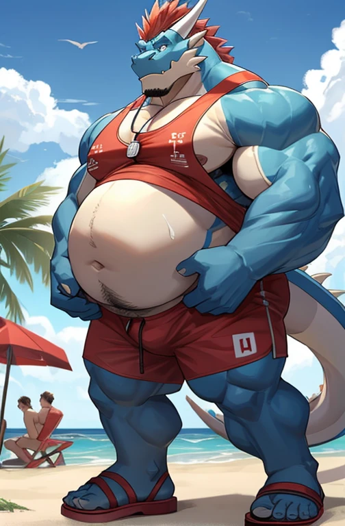 Big buff embarrassed blue cartoon dragon with a humongous ginormously oversized inflated beige stomach, high blue, white eyes with black pupils, big oversized bellybutton, light blue back, lifeguard tank top overhanging on top of his huge stomach, green necklace with dragon tooth, shocked look on his face, high pink blush, spiky red mohawk hairline, red arm necklace, huge ginormous muscular build with gigantic nipples, body hair across his chest and oversized stomach, water droplets all over his muscular body, one hand holding his giganticly oversized stomach, red lifeguard shorts, sandals, standing on a beach resort in a ready to fart position and farting out a huge enormous light green toxic gas cloud coming out of his butthole behind him