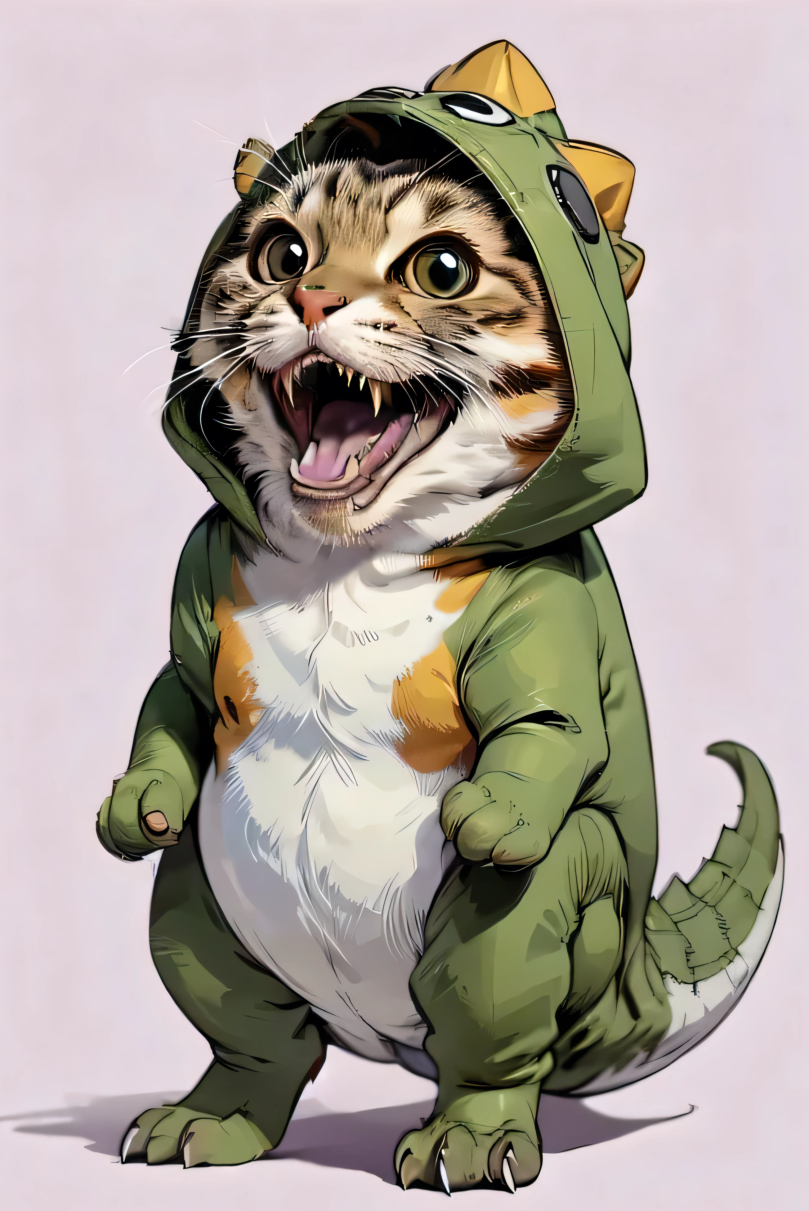 ganzkörperbild, alles im bild, a cute but cheeky cat dressed in a cool whole body plush tyrannosaurus rex dinosaur costume with zipper on belly that lets only the face of the cat seen with tail on plain background