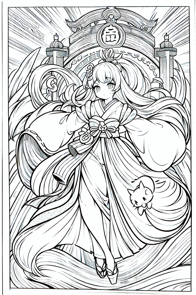 As a coloring book, the color should be black and white, the border should be simple, clear, and bold. A graceful Asian girl with elegant movements is performing a traditional Japanese dance in a grand [Kabuki theater]. She is wearing an exquisite [kimono with crane pattern], the flowing silk fabric accentuating her graceful movements. The girl's face is painted with delicate makeup, and her hair is adorned with an elaborate [hair ornament]. The intricate details of the kimono and the theater setting provide for the coloring book illustration.