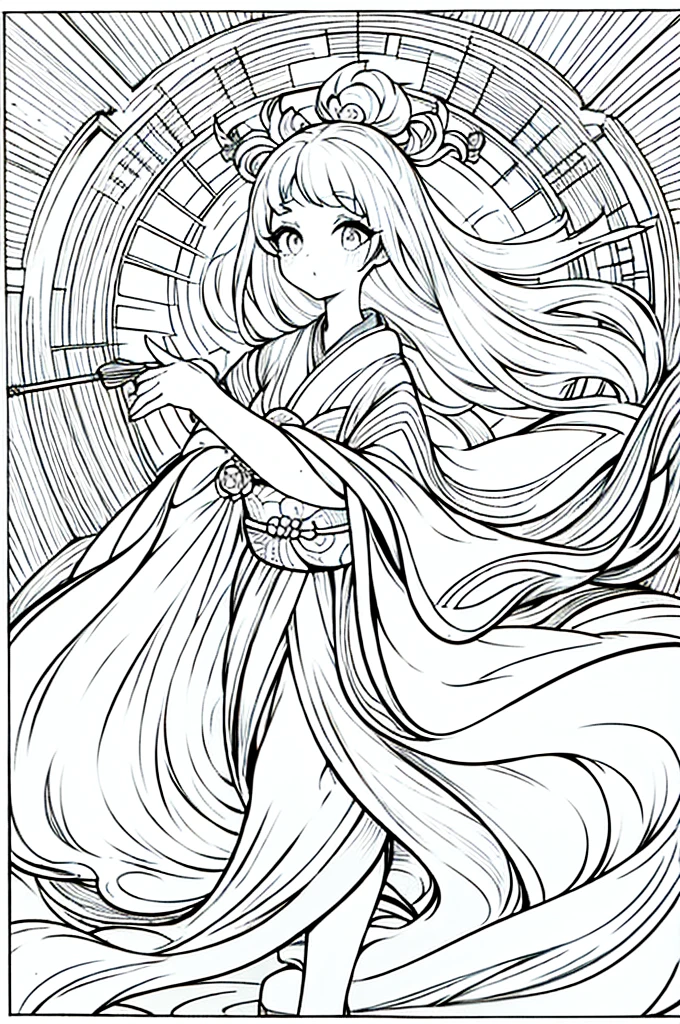 As a coloring book, the color should be black and white, the border should be simple, clear, and bold. A graceful Asian girl with elegant movements is performing a traditional Japanese dance in a grand [Kabuki theater]. She is wearing an exquisite [kimono with crane pattern], the flowing silk fabric accentuating her graceful movements. The girl's face is painted with delicate makeup, and her hair is adorned with an elaborate [hair ornament]. The intricate details of the kimono and the theater setting provide for the coloring book illustration.