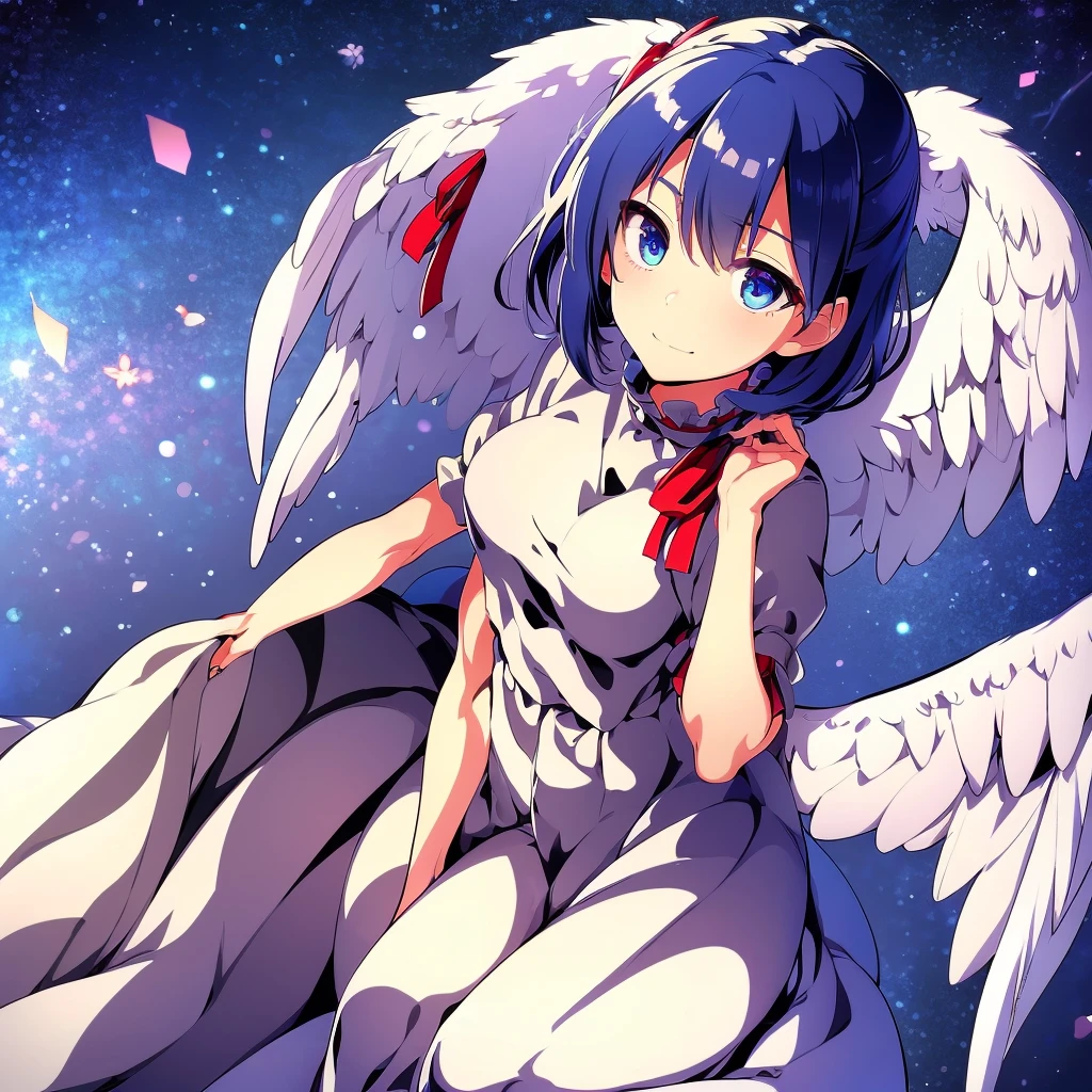 (best quality,4k,8k,highres,masterpiece:1.2), ultra-detailed, highly detailed texture, intricate details, A cute teenage angel with blue eyes, drawn in anime style, 1girl, , , 10 years old, medium blue hair, hair flaps, pink ribbon on head, well-formed face, blue eyes, angel girl, white blouse, puffy short sleeves, red ribbon, angel wings, long white skirt, red shoes, frills, ribbon head, A pair of angel wings on the back