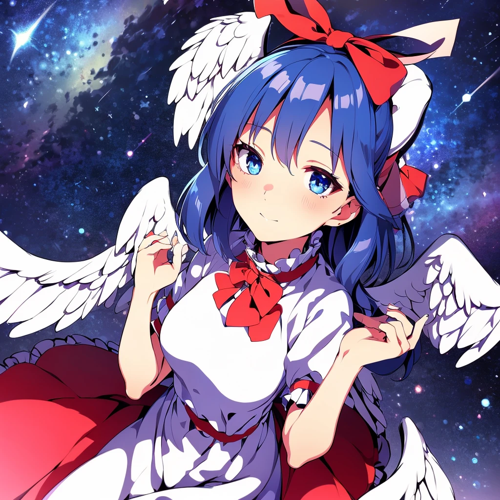 (best quality,4k,8k,highres,masterpiece:1.2), ultra-detailed, highly detailed texture, intricate details, A cute teenage angel with blue eyes, drawn in anime style, 1girl, , , 10 years old, medium blue hair, hair flaps, pink ribbon on head, well-formed face, blue eyes, angel girl, white blouse, puffy short sleeves, red ribbon, angel wings, long white skirt, red shoes, frills, ribbon head, A pair of angel wings on the back