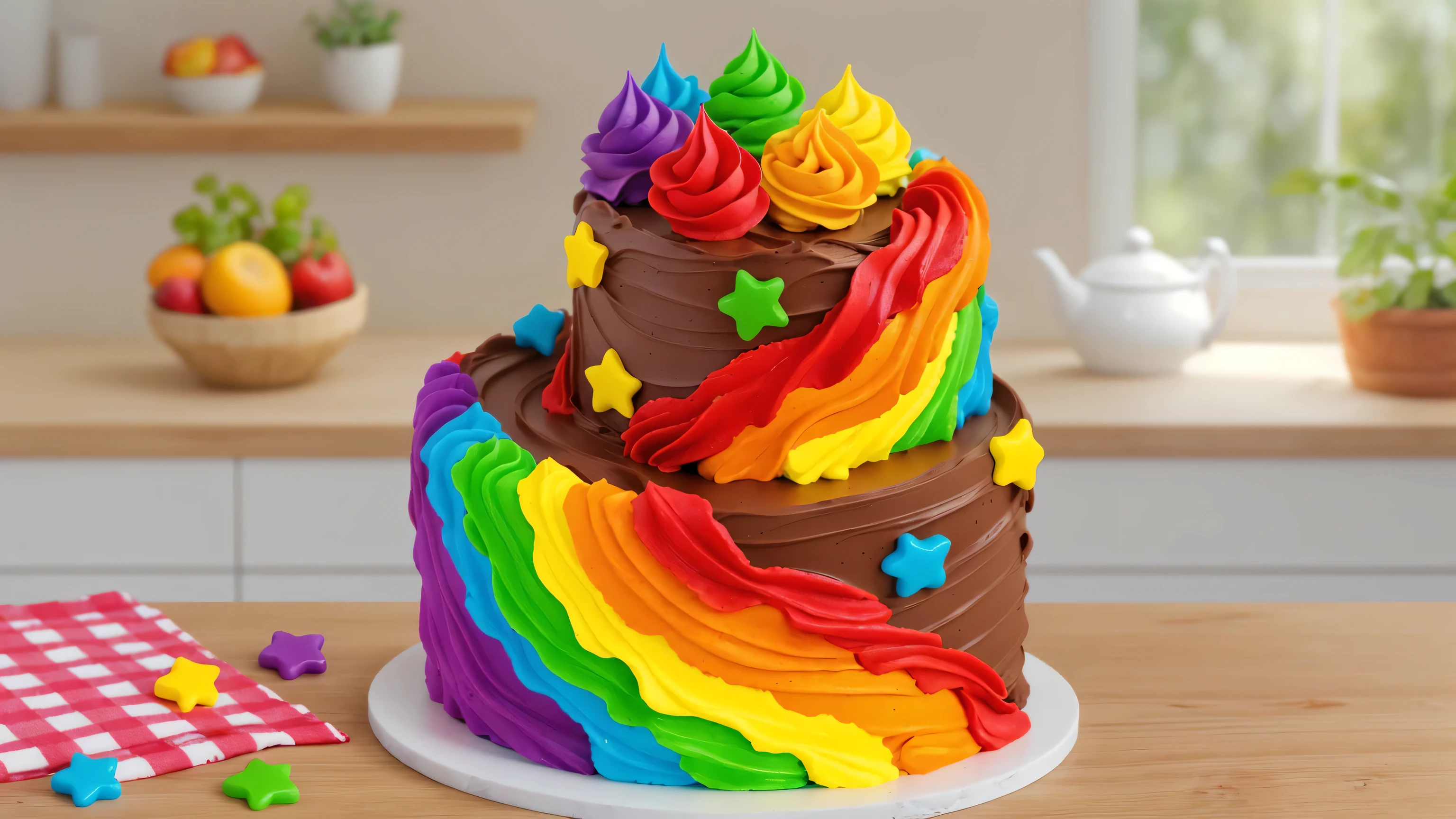 on a wooden table. there is a white plate. double tier chocolate cake ((chocolate cream texture, strokes of a pastry spatula)), rainbow cream in stitches, decorated with rainbow stars made of polymer clay, multi-colored cream on top ((cream highlights)), on the table there is a checkered tablecloth and star cornets made of polymer clay. against the background of the kitchen, vase with plant, Fruit basket, kettle, shelf with kitchen utensils. Beautiful light from the window, contour light, Multiple light sources, beautiful lighting, Bright light source, bright lighting, beautiful light sources, Multiple light sources, Realistic style , realistic texture, detailed texture, A high resolution, high quality, macro photography 