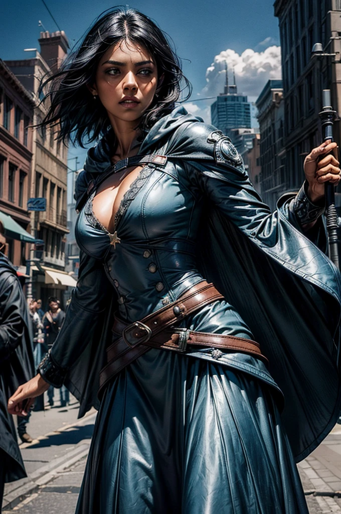 MariaCalavera, dark skin, black hair, short hair, silver eyes, dress, cleavage, cape, belts, hood, cowboy shot, (dynamic pose), standing in city street, blue sky, cloud, crowd in military uniform, (volumetric lighting), intricate details, tonemapping, sharp focus, hyper detailed