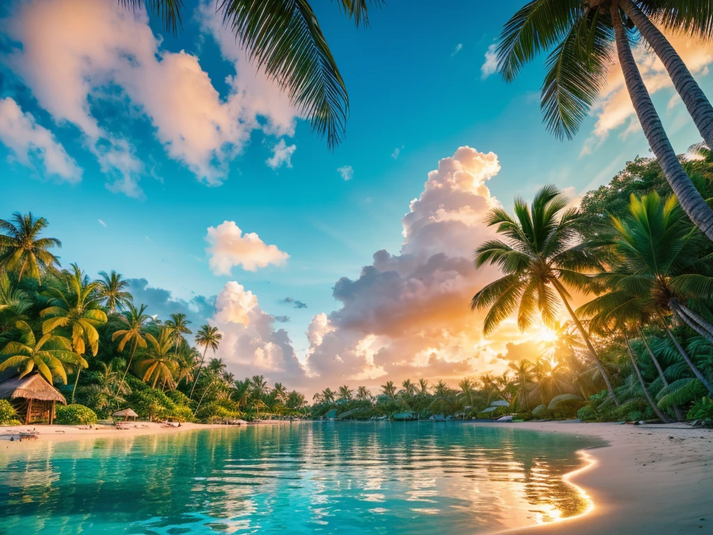 a lush tropical island in the middle of a crystal clear blue sea, palm trees, sandy beaches, vibrant green foliage, a small wooden hut, a peaceful lagoon, a stunning sunset sky, (best quality,8k,highres,masterpiece:1.2),ultra-detailed,(realistic,photorealistic,photo-realistic:1.37),tropical landscape,serene,idyllic,warm colors,golden hour lighting