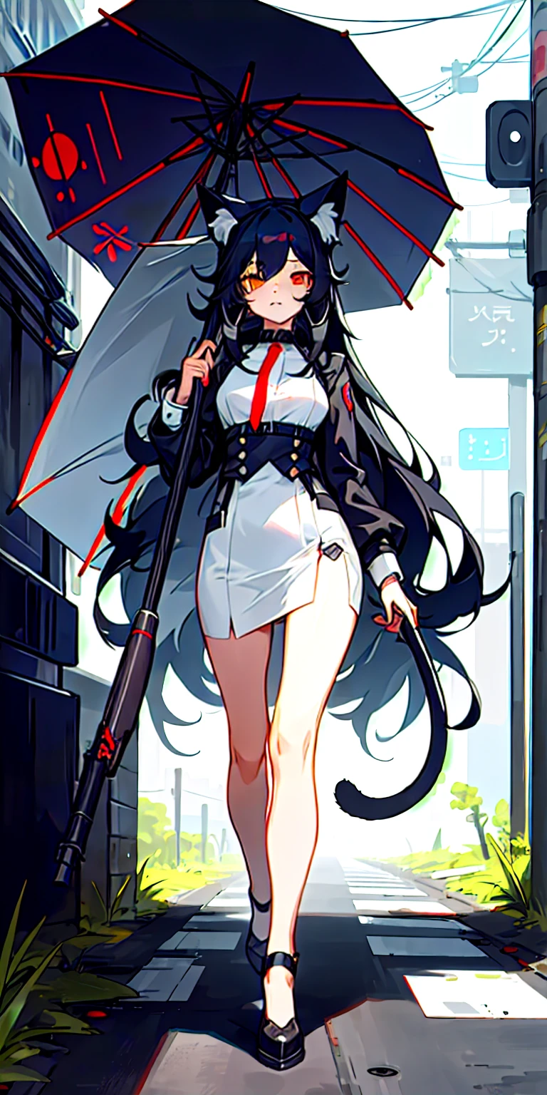 (masterpiece, best quality) 1girl with long black hair, two cat tails, cat ears with fluff, walking on a cyberpunk city street, holding umbrella, maid uniform