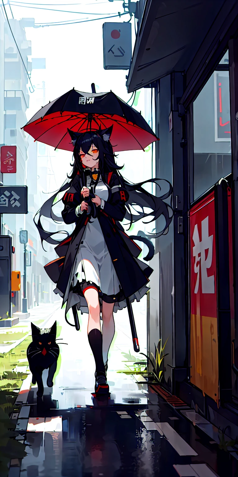 (masterpiece, best quality) 1girl with long black hair, two cat tails, cat ears with fluff, walking on a cyberpunk city street, holding umbrella, maid uniform