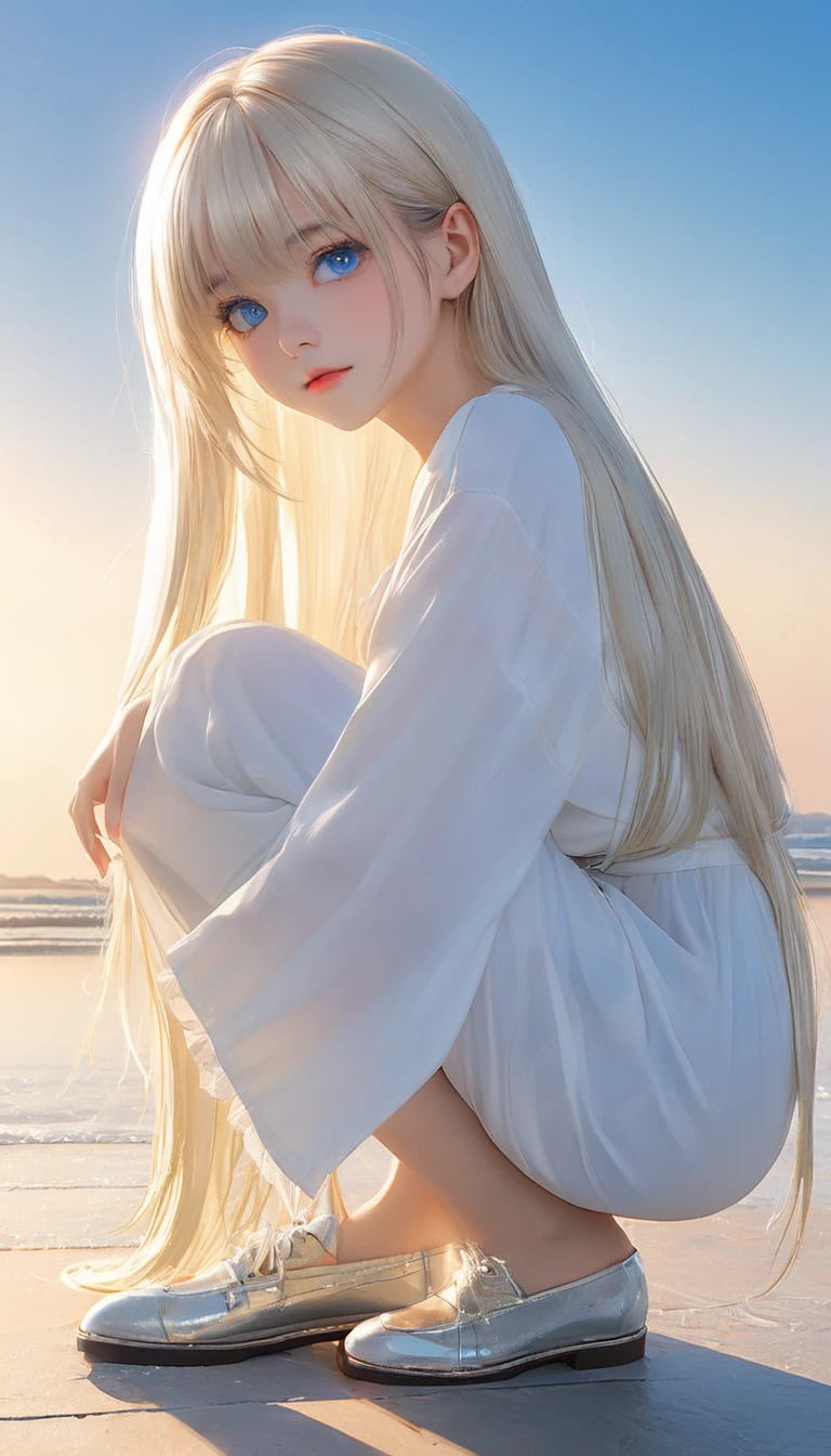 (masterpiece, Highest quality:1.2), One girl, alone,bony body、15 years old、Shiny platinum blonde silk super long straight hair, beautiful shiny bangs, big clear sky blue eyes, very beautiful bright eye highlightaster piece , best quality , , squatting 