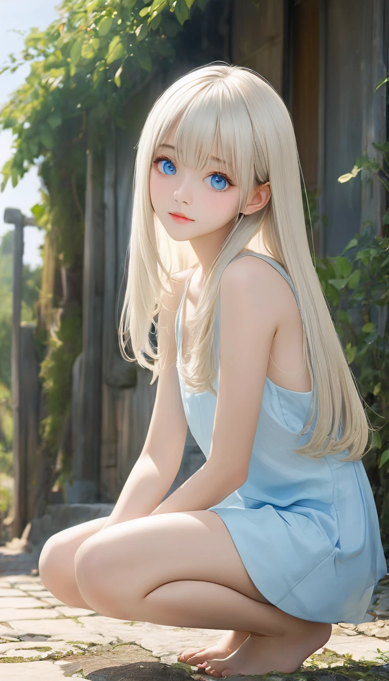 (masterpiece, Highest quality:1.2), One girl, alone,bony body、15 years old、Shiny platinum blonde silk super long straight hair, beautiful shiny bangs, big clear sky blue eyes, very beautiful bright eye highlightaster piece , best quality , , squatting