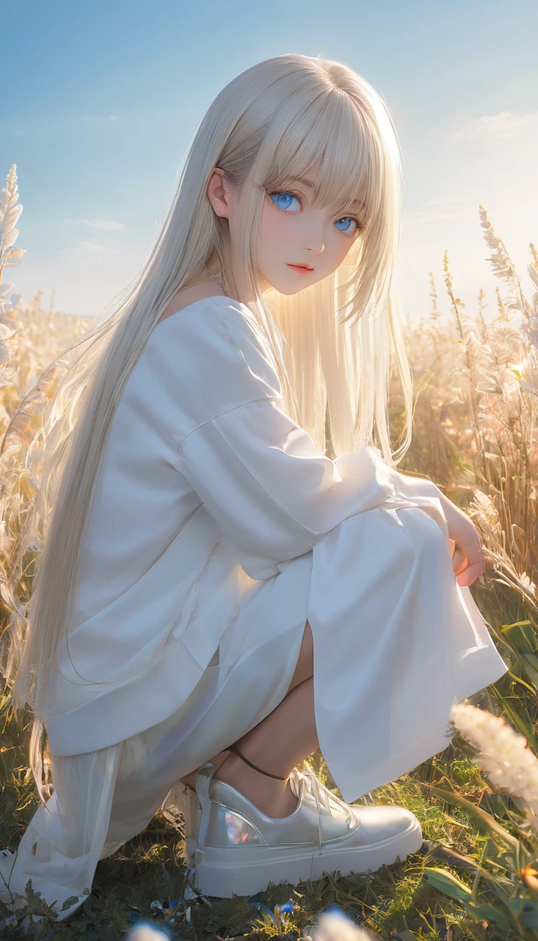(masterpiece, Highest quality:1.2), One girl, alone,bony body、15 years old、Shiny platinum blonde silk super long straight hair, beautiful shiny bangs, big clear sky blue eyes, very beautiful bright eye highlightaster piece , best quality , , squatting 