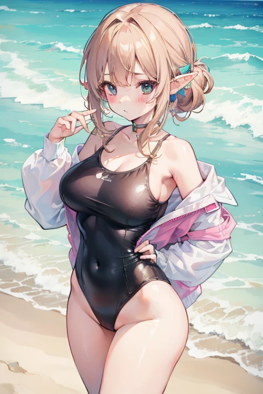 1 girl, pastel colours, brown-hair, hair up to the shoulders, elf ears, tight split swimsuit, Beach, Huge-breasts, small girl, confusion, Large thighs