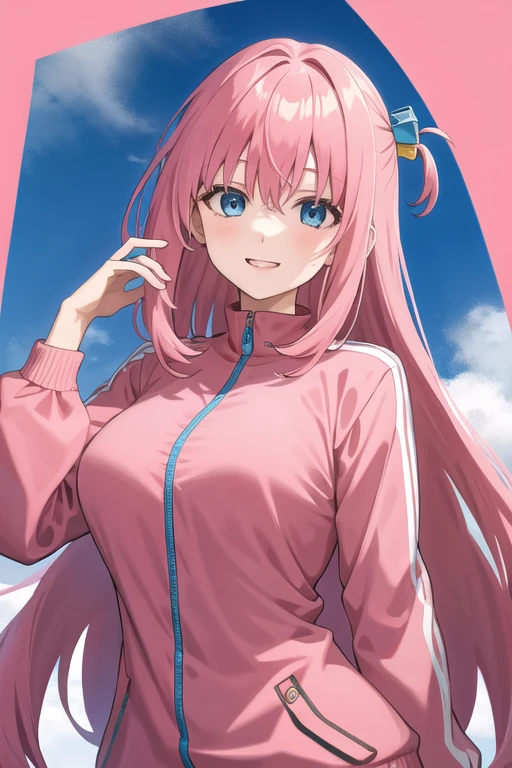 gotoh hitori, 1girl, solo, long hair, looking at viewer, smile, one side up,pink track jacket, large breasts, blue eyes, hair between eyes,  cube hair ornament,upper body,pink hair, long hair 