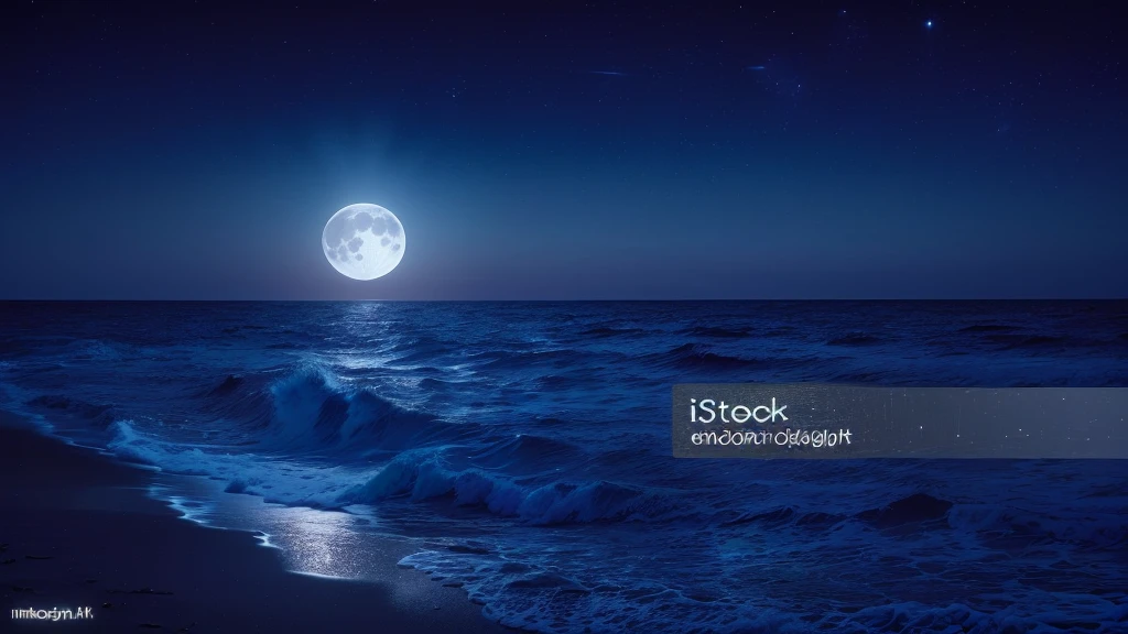 a full moon is shining over the ocean at night, istock, shutterstock, istockphoto, moonlit ocean, night sea, sitting on the beach at night, at night with full moon, stock photo, moonlight background, best on adobe stock, beautiful moonlight night, moonlight, trending on shutterstock, beautiful moonlight, fullmoon, moonlit night dreamy atmosphere