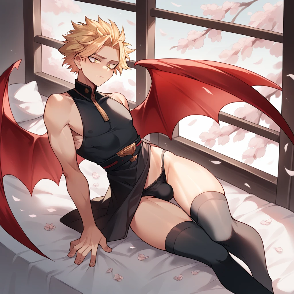only, boy blonde hair slicked back, two front strands sticking out, gold eyes, red wings on his back, delicate ranges, thin, curves thighs, small waist, delicate body, gay, dress: black shirt long collar sleeveless thigh-high, black panties,  long stockings above the knees, lying on a bed, white cherry blossoms, windows, submissive, Hawks, Boku no hero academia 