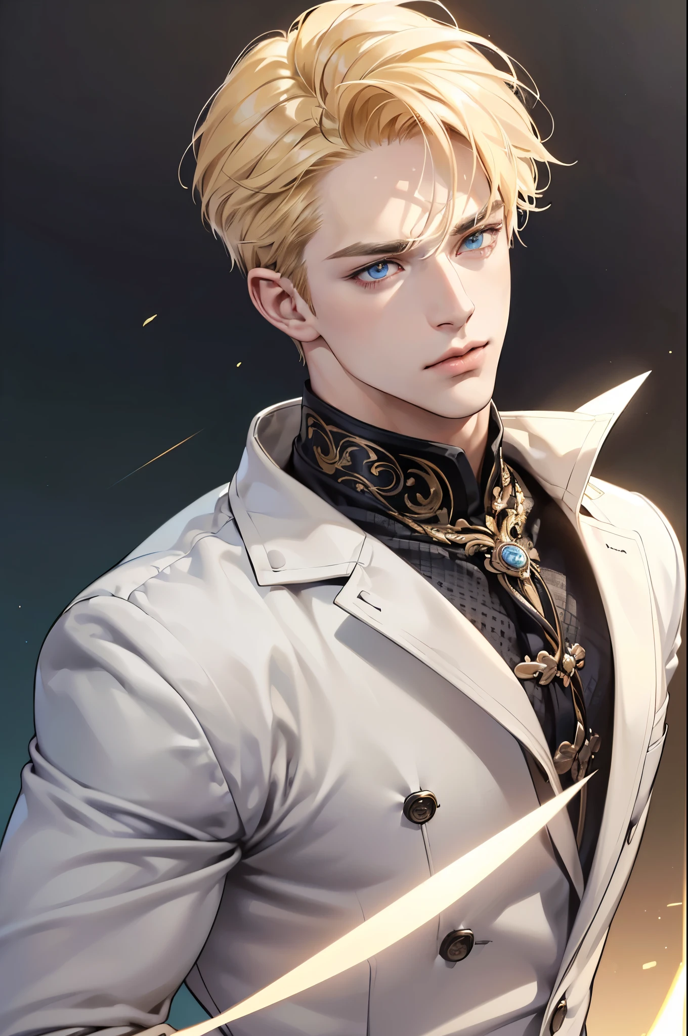 (best quality,4k,8k,highres,masterpiece:1.2),ultra-detailed,(realistic,photorealistic,photo-realistic:1.37),30 year old man,handsome anime,portraits,strong,masculine, blonde hair,sharp jawline,mesmerizing eyes,perfectly styled hair,short hair, cool anime outfit,confident expression,vibrant colors,dynamic lighting, white color eyes