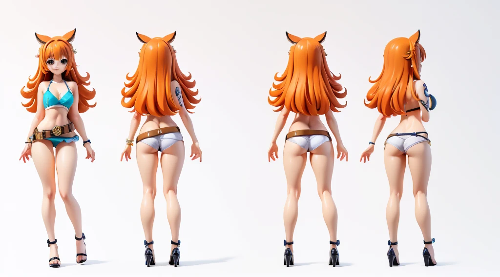 ((Best Quality)), ((Masterpiece)), (((detailed character sheet, frontal view, side view, three quarter view))) white background、one piece、whole body、whole bodyイラスト、whole bodyアニメーション、whole bodyリファレンスシート、denim、Tank top、High heels、Swimwear、bikini、original、New World、Long Hair、Orange Hair、Tattoo on left arm、Ring belt、Heighten your head、smile、Cute face、Narrow waist、Long legs、Beautiful feet、9 heads body、beautiful lady、small head