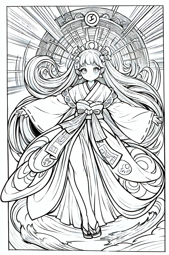 As a coloring book, the color should be black and white, the border should be simple, clear, and bold. A graceful Asian girl with elegant movements is performing a traditional Japanese dance in a grand [Kabuki theater]. She is wearing an exquisite [kimono with crane pattern], the flowing silk fabric accentuating her graceful movements. The girl's face is painted with delicate makeup, and her hair is adorned with an elaborate [hair ornament]. The intricate details of the kimono and the theater setting provide for the coloring book illustration.