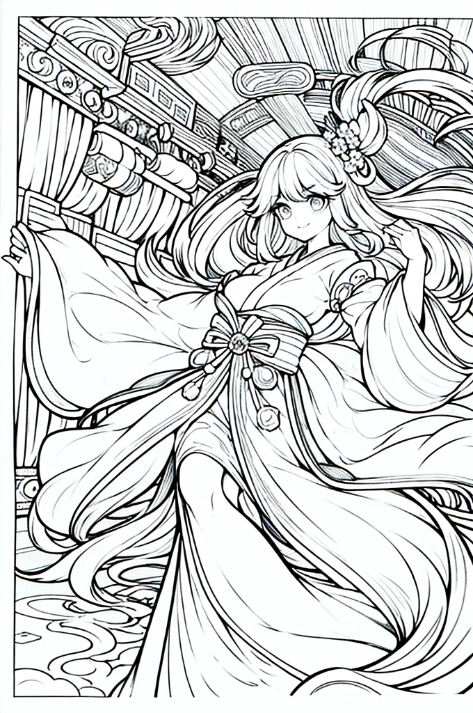 As a coloring book, the color should be black and white, the border should be simple, clear, and bold. A graceful Asian girl with elegant movements is performing a traditional Japanese dance in a grand [Kabuki theater]. She is wearing an exquisite [kimono with crane pattern], the flowing silk fabric accentuating her graceful movements. The girl's face is painted with delicate makeup, and her hair is adorned with an elaborate [hair ornament]. The intricate details of the kimono and the theater setting provide for the coloring book illustration.