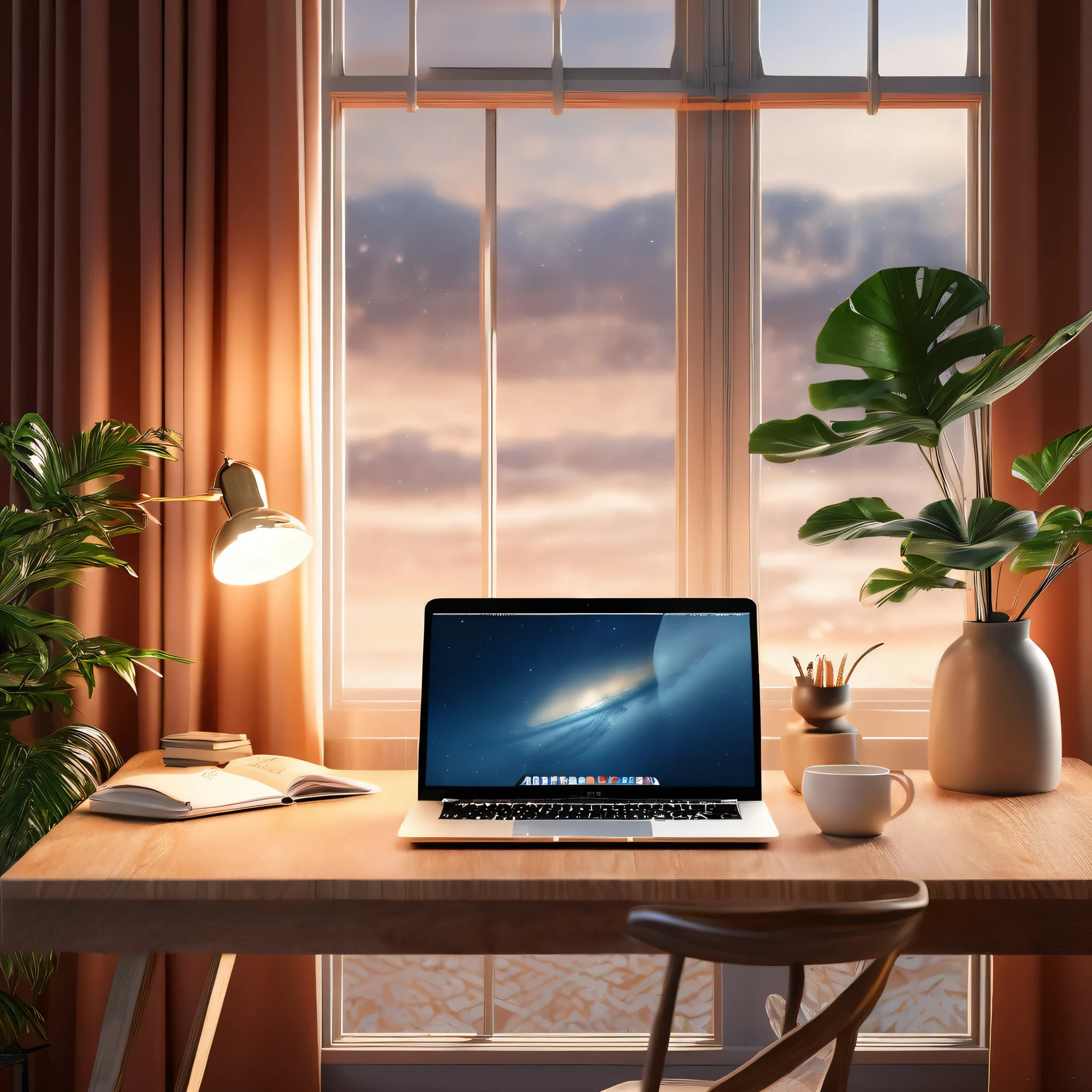 beautiful detailed interior scene, laptop computer on desk, window lighting, high quality, 8k, photorealistic, dramatic lighting, minimalist design, clean composition, still life, detailed surfaces, warm color tones, soft shadows, natural daylight, shallow depth of field, studio lighting, professional photography