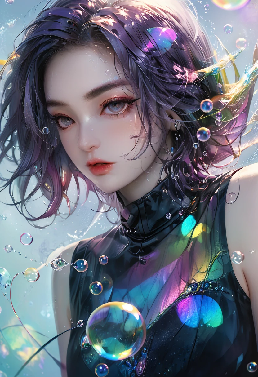 A painting,The painting shows a woman in a dress blowing bubbles, Loish and Wallop, ethereal bubbles, Mobis + Loish + Wallop, Dreamy and detailed, intricate Wallop, closeup fantasy with water magic, fairytale artwork, fairytale painting, Anna Dittmann (Anna Dittmann) style, Wallop art, Realistic fantasy, Artgerm Julie Bell Beeple