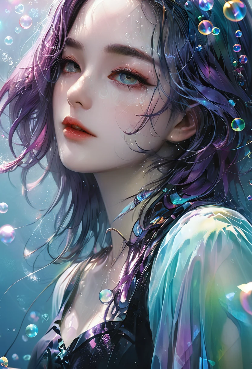 A painting,The painting shows a woman in a dress blowing bubbles, Loish and Wallop, ethereal bubbles, Mobis + Loish + Wallop, Dreamy and detailed, intricate Wallop, closeup fantasy with water magic, fairytale artwork, fairytale painting, Anna Dittmann (Anna Dittmann) style, Wallop art, Realistic fantasy, Artgerm Julie Bell Beeple
