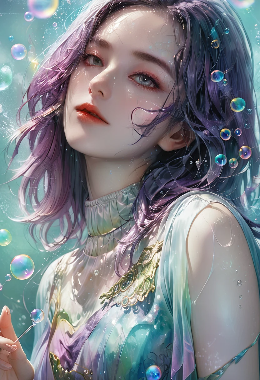 A painting，The painting shows a woman in a dress blowing bubbles, Loish and Wallop, ethereal bubbles, Mobis + Loish + Wallop, Dreamy and detailed, intricate Wallop, closeup fantasy with water magic, fairytale artwork, fairytale painting, Anna Dittmann (Anna Dittmann) style, Wallop art, Realistic fantasy, Artgerm Julie Bell Beeple