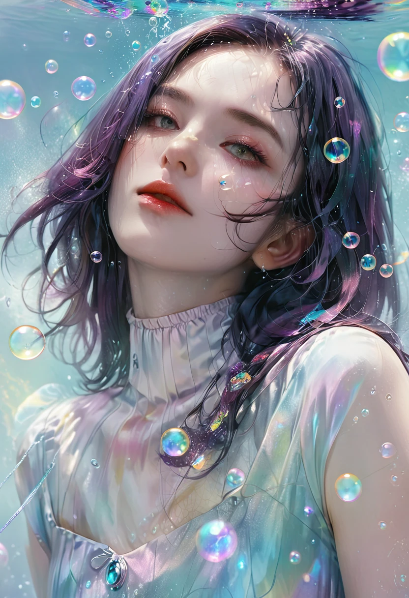 A painting，The painting shows a woman in a dress blowing bubbles, Loish and Wallop, ethereal bubbles, Mobis + Loish + Wallop, Dreamy and detailed, intricate Wallop, closeup fantasy with water magic, fairytale artwork, fairytale painting, Anna Dittmann (Anna Dittmann) style, Wallop art, Realistic fantasy, Artgerm Julie Bell Beeple