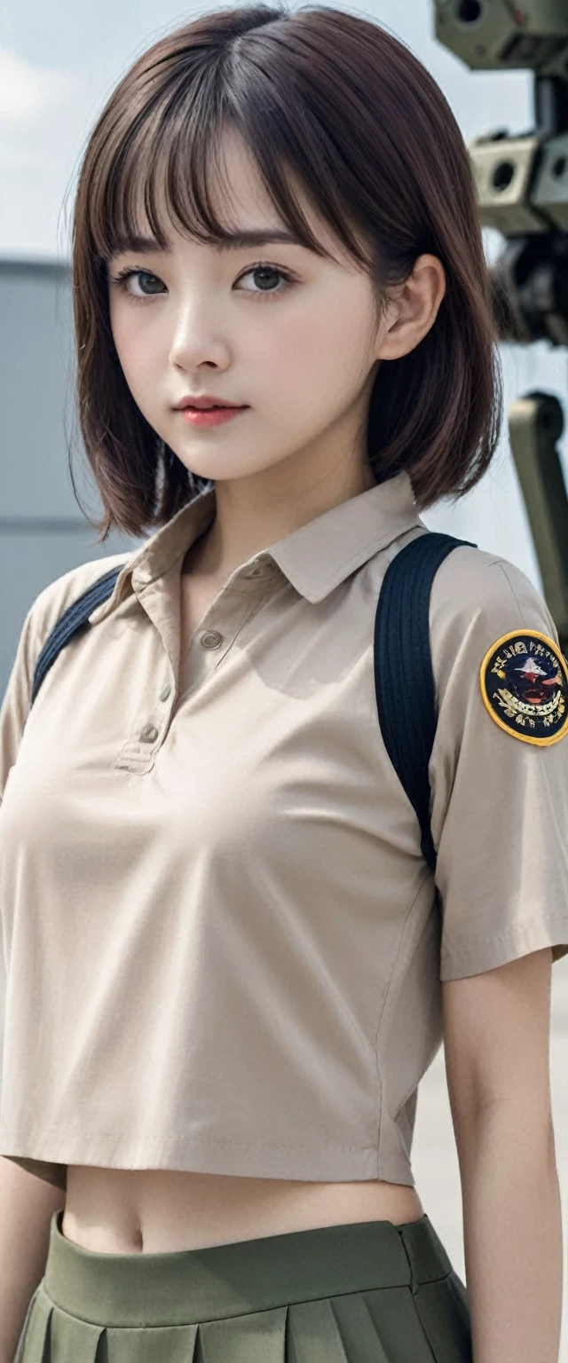 ((A girl wearing a camouflage Army military uniform)),(full body),((the girl has very very short hair style:1.68)),((bangs)),((the girl is )),(the girl has abnormal ultra extra gigantic huge breasts:1.98),(the girl's each breast is more than the nineth times size of the girl's head:1.98),feminine,((baby face:1.37)),((very cute face:1.37)),((small nose,slim waist,small hip)),brown hair, smooth hair, smooth skin, ((big double eyelid eyes)), ((brown eyes)),((At the Air Force Base)),((Cutting-edge Ultra-high Giant Combat Robots are lined up behind the girl:1.37)),