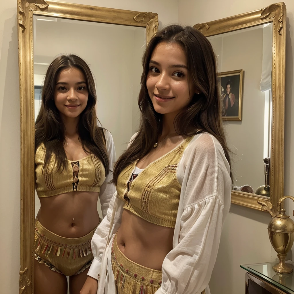 Une jeune femme colombienne se prend en selfie dans un miroir. She has long brown hair, brown eyes and a radiant smile. Elle porte un haut coloré typique de la Colombie et des bijoux traditionnels. The background decor shows a warm and welcoming interior with Colombian decorative elements.