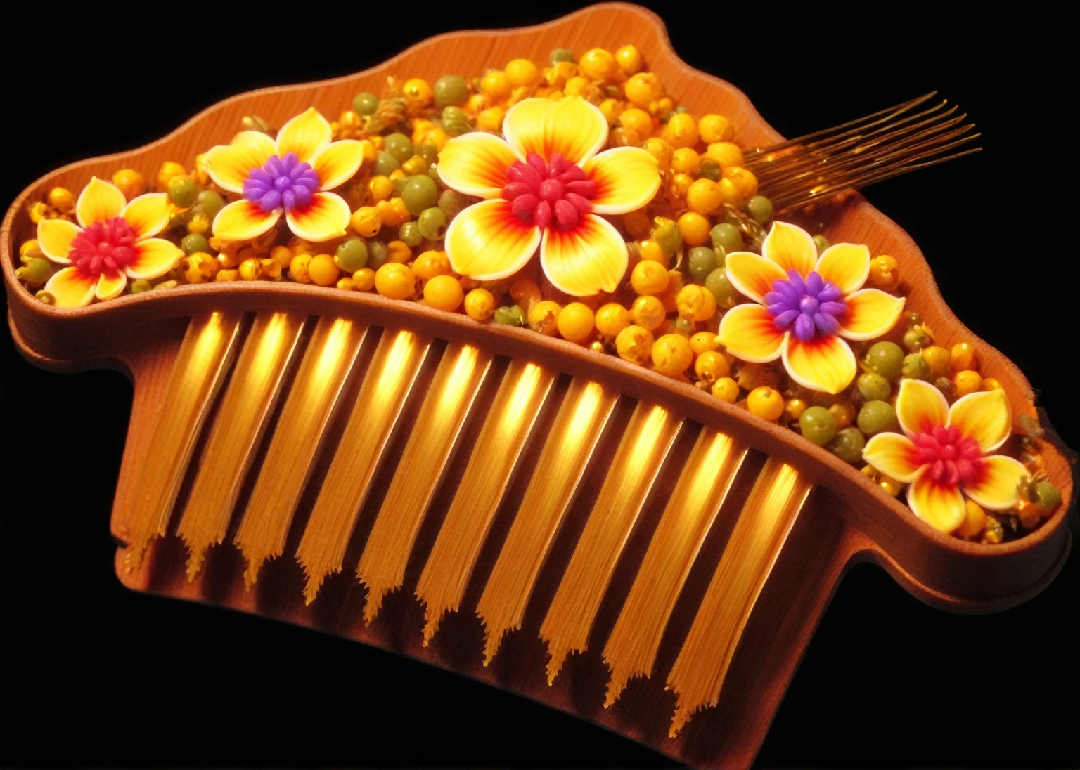 a close up of a Kaneko comb with flowers on it, Hair accessories, Bright and complex design, stylized Digital Illustration, Digital Rendering, harp, Low resolution, Rendering Art, Stylized digital art, Kaneko, flowers and Kaneko, very ornamented, High detail digital, Digital Illustration, detailed Digital Illustration, Gorgeous hair, Kaneko adornements