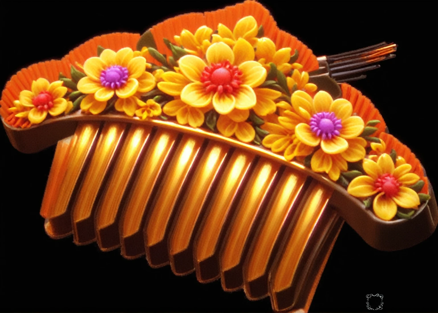 a close up of a Kaneko comb with flowers on it, Hair accessories, Bright and complex design, stylized Digital Illustration, Digital Rendering, harp, Low resolution, Rendering Art, Stylized digital art, Kaneko, flowers and Kaneko, very ornamented, High detail digital, Digital Illustration, detailed Digital Illustration, Gorgeous hair, Kaneko adornements