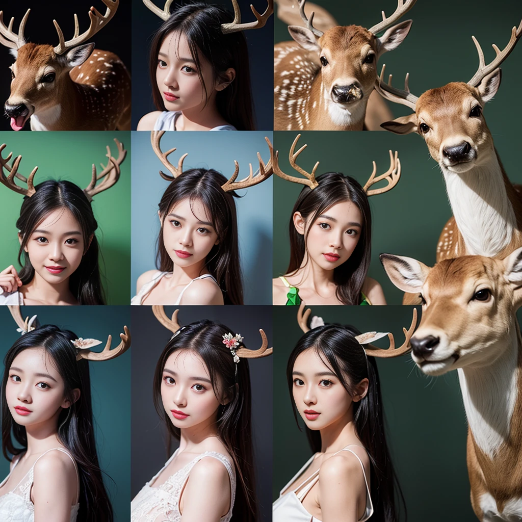 Masterpiece、Realistic deer、9 types、The screen is divided into 9 parts, and 9 different styles are displayed.々Draw a realistic smiling deer with a variety of facial expressionasterpiece、Only deer are depicted、Accurate drawing、Highest quality、The background is a single green chromakey、humans don't draw、Depict only deer、Mouth wide open、Super detailed