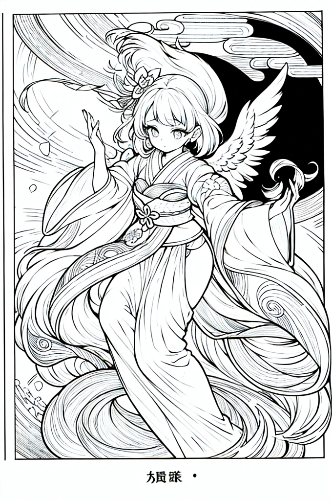 As a coloring book, the color should be black and white, the border should be simple, clear, and bold. A graceful Asian girl with elegant movements is performing a traditional Japanese dance in a grand [Kabuki theater]. She is wearing an exquisite [kimono with crane pattern], the flowing silk fabric accentuating her graceful movements. The girl's face is painted with delicate makeup, and her hair is adorned with an elaborate [hair ornament]. The intricate details of the kimono and the theater setting provide for the coloring book illustration.