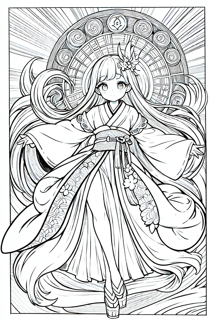 As a coloring book, the color should be black and white, the border should be simple, clear, and bold. A graceful Asian girl with elegant movements is performing a traditional Japanese dance in a grand [Kabuki theater]. She is wearing an exquisite [kimono with crane pattern], the flowing silk fabric accentuating her graceful movements. The girl's face is painted with delicate makeup, and her hair is adorned with an elaborate [hair ornament]. The intricate details of the kimono and the theater setting provide for the coloring book illustration.