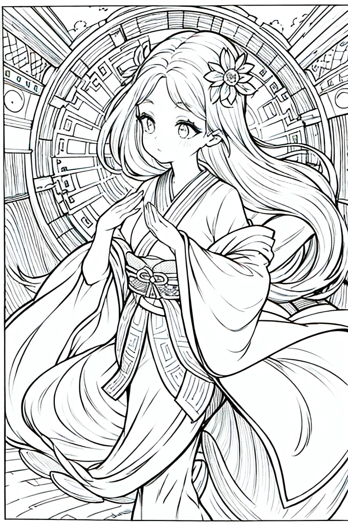 As a coloring book, the color should be black and white, the border should be simple, clear, and bold. A graceful Asian girl with elegant movements is performing a traditional Japanese dance in a grand [Kabuki theater]. She is wearing an exquisite [kimono with crane pattern], the flowing silk fabric accentuating her graceful movements. The girl's face is painted with delicate makeup, and her hair is adorned with an elaborate [hair ornament]. The intricate details of the kimono and the theater setting provide for the coloring book illustration.