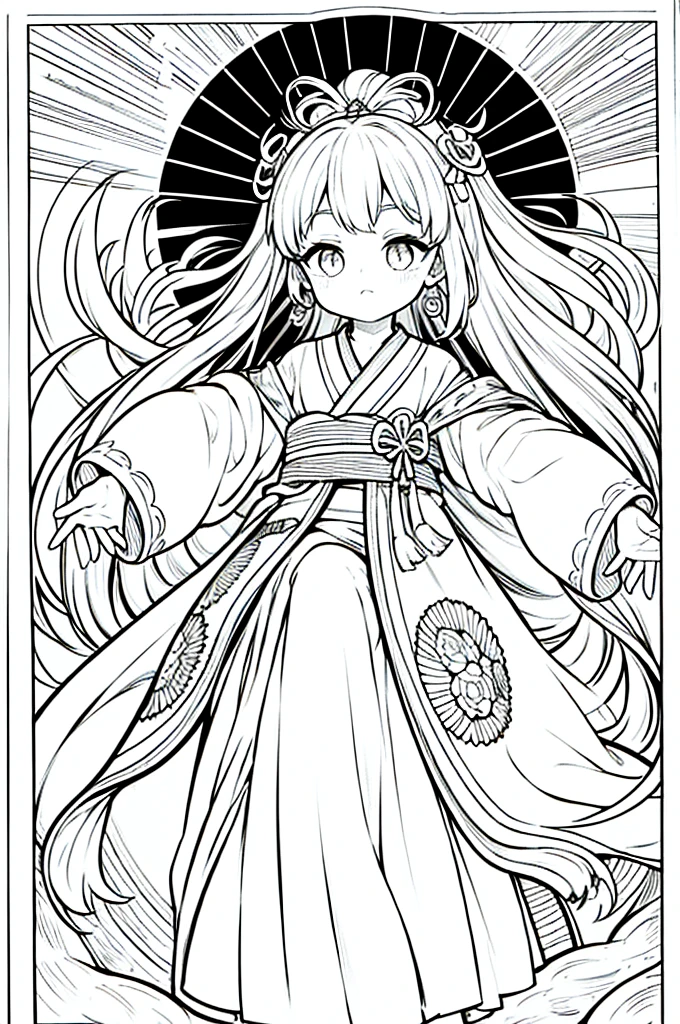As a coloring book, the color should be black and white, the border should be simple, clear, and bold. A graceful Asian girl with elegant movements is performing a traditional Japanese dance in a grand [Kabuki theater]. She is wearing an exquisite [kimono with crane pattern], the flowing silk fabric accentuating her graceful movements. The girl's face is painted with delicate makeup, and her hair is adorned with an elaborate [hair ornament]. The intricate details of the kimono and the theater setting provide for the coloring book illustration.