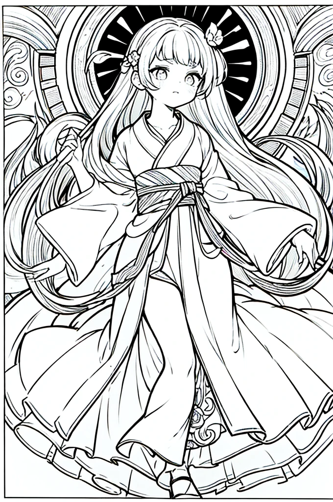As a coloring book, the color should be black and white, the border should be simple, clear, and bold. A graceful Asian girl with elegant movements is performing a traditional Japanese dance in a grand [Kabuki theater]. She is wearing an exquisite [kimono with crane pattern], the flowing silk fabric accentuating her graceful movements. The girl's face is painted with delicate makeup, and her hair is adorned with an elaborate [hair ornament]. The intricate details of the kimono and the theater setting provide for the coloring book illustration.