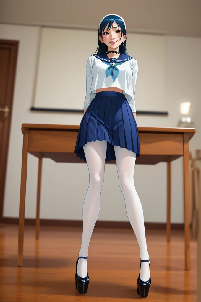 glamour photo of official art, a gorgeous girl, sitting on table, (view from below:1.2), school, classroom, (full body shot:1.2), (8k, RAW photo, best quality, depth of field, ultra high res:1.2), (absurdres, intricate, photorealistic, masterpiece, ultra-detailed:1.3, amazing scene lighting, Bright_Front_face_Lighting), shot at eye level, photography on a Fujifilm X-T4 with a 50mm lens, indoor, modelstyle photography setting, 
(pale skin, detailed skin:1.3, Glossy skin + Shiny skin:1.1), hair ornament, exquisite earrings, necklace, lace trim choker, gigantic breasts, skinny body, fit body, slim, narrow waist, slim legs, long legs, pantyhose, oxfords platform heels, 
Riko Amanai, blue hair, long straight hair, white hairband, , serafuku, blue pleaded skirt, (blush, evil smiling, perfect female anatomy, super beautiful, elegant, sexy, detailed beautiful face, nice figure, nice proportions, sexy stunning body),