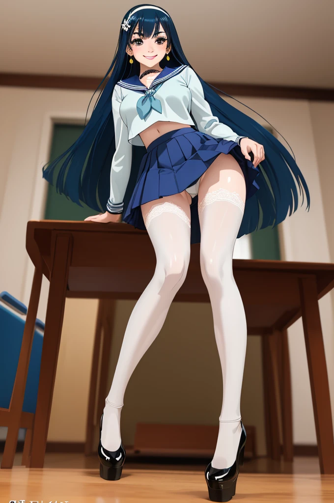 glamour photo of official art, a gorgeous girl, sitting on table, (view from below:1.2), school, classroom, (full body shot:1.2), (8k, RAW photo, best quality, depth of field, ultra high res:1.2), (absurdres, intricate, photorealistic, masterpiece, ultra-detailed:1.3, amazing scene lighting, Bright_Front_face_Lighting), shot at eye level, photography on a Fujifilm X-T4 with a 50mm lens, indoor, modelstyle photography setting, 
(pale skin, detailed skin:1.3, Glossy skin + Shiny skin:1.1), hair ornament, exquisite earrings, necklace, lace trim choker, gigantic breasts, skinny body, fit body, slim, narrow waist, slim legs, long legs, pantyhose, oxfords platform heels, 
Riko Amanai, blue hair, long straight hair, white hairband, , serafuku, blue pleaded skirt, (blush, evil smiling, perfect female anatomy, super beautiful, elegant, sexy, detailed beautiful face, nice figure, nice proportions, sexy stunning body),