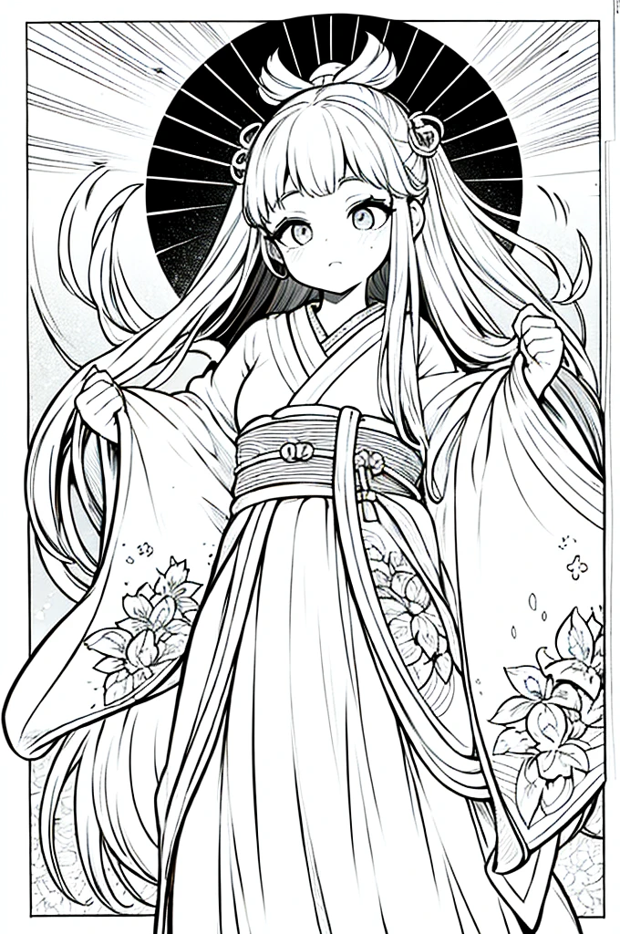 As a coloring book, the color should be black and white, the border should be simple, clear, and bold. A graceful Asian girl with elegant movements is performing a traditional Japanese dance in a grand [Kabuki theater]. She is wearing an exquisite [kimono with crane pattern], the flowing silk fabric accentuating her graceful movements. The girl's face is painted with delicate makeup, and her hair is adorned with an elaborate [hair ornament]. The intricate details of the kimono and the theater setting provide for the coloring book illustration.