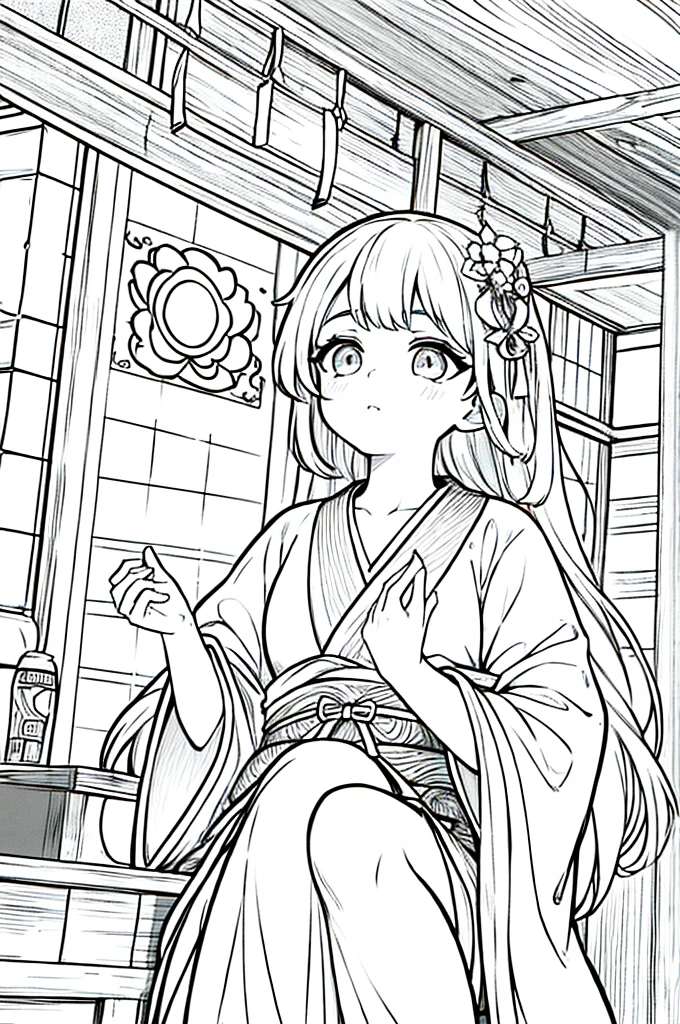 As a coloring book, the color should be black and white, the border should be simple, clear, and bold. A graceful Asian girl with elegant movements is performing a traditional Japanese dance in a grand [Kabuki theater]. She is wearing an exquisite [kimono with crane pattern], the flowing silk fabric accentuating her graceful movements. The girl's face is painted with delicate makeup, and her hair is adorned with an elaborate [hair ornament]. The intricate details of the kimono and the theater setting provide for the coloring book illustration.