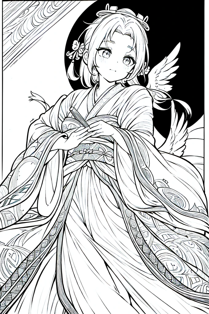 As a coloring book, the color should be black and white, the border should be simple, clear, and bold. A graceful Asian girl with elegant movements is performing a traditional Japanese dance in a grand [Kabuki theater]. She is wearing an exquisite [kimono with crane pattern], the flowing silk fabric accentuating her graceful movements. The girl's face is painted with delicate makeup, and her hair is adorned with an elaborate [hair ornament]. The intricate details of the kimono and the theater setting provide for the coloring book illustration.
