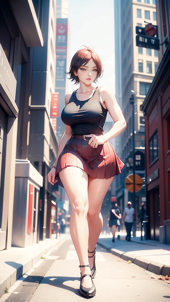 A fierce woman strutting down the bustling city street, her black tank top hugging her curves and her red skirt swishing with each confident step
