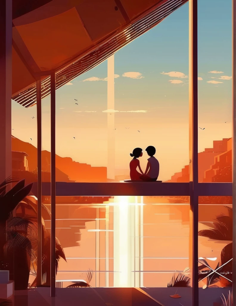 Pascal Campion Style -
two children, cat, sitting on the roof, looking towards the river, afternoon, sunset from Pascal Campion