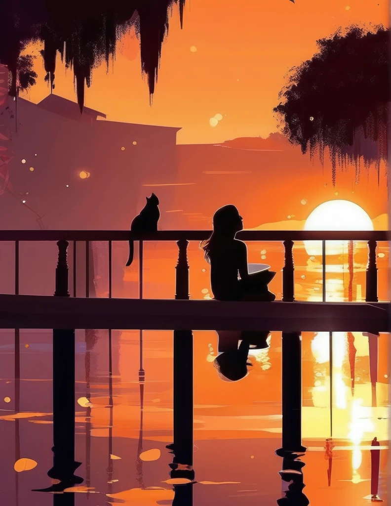 Pascal Campion Style -
two children, cat, sitting on the roof, looking towards the river, afternoon, sunset from Pascal Campion