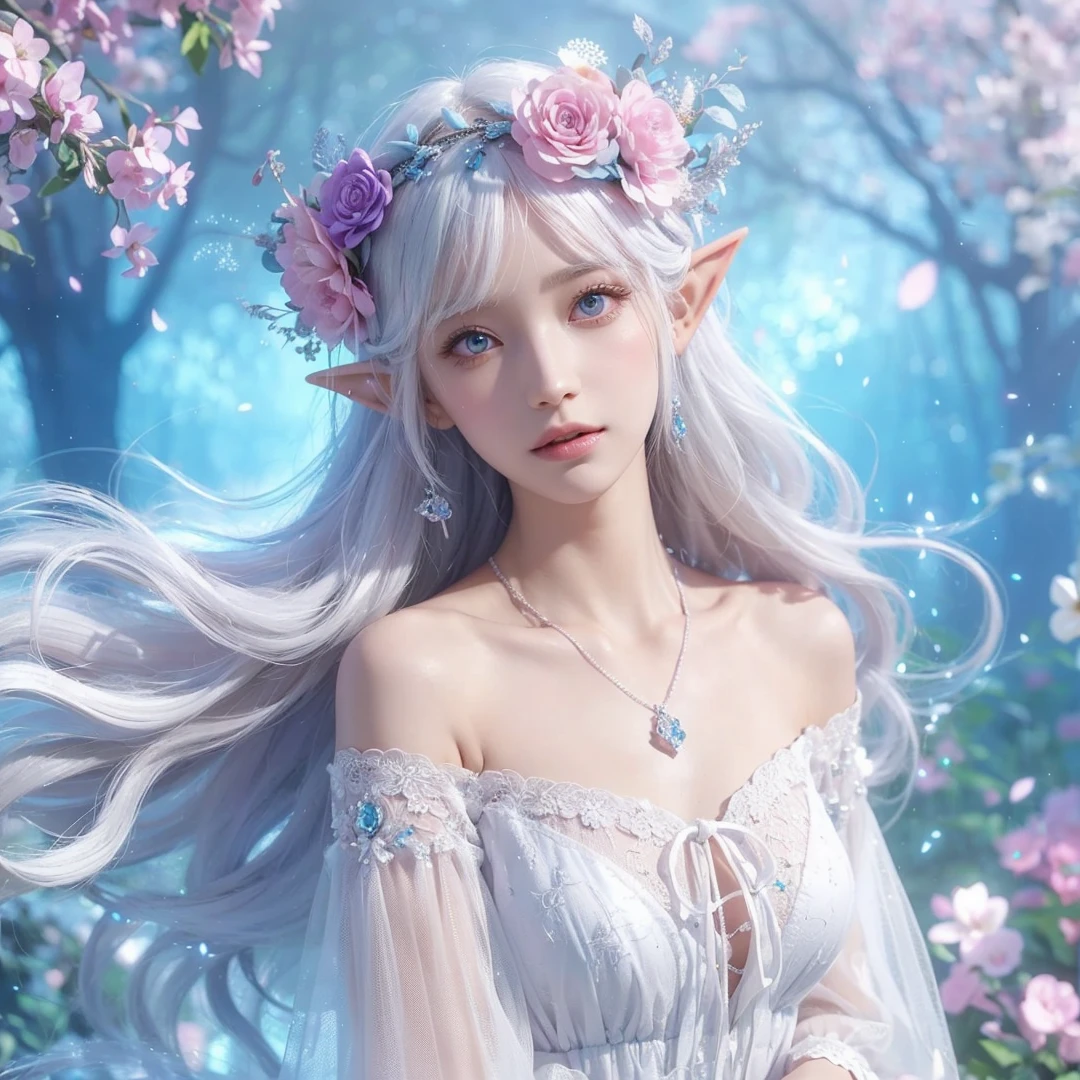 beautiful woman, white hair, white eyes, wearing pink and light blue flower crown, wearing white dress, elf ear, "surrounded by light blue, pink, and purple light, magic forest background