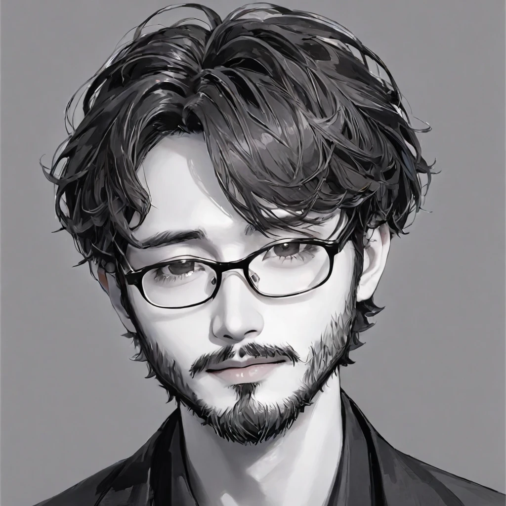 (((Black and white art:1.2、Sepia photo、RAW Photos、Film Grain)))、highest quality、High resolution、High resolution、Cinema Lighting、Black and white photography、Professional Photographer、Attractive hairstyle、man, with stubble, short beard, short mustache, Beard scum, slightly curly hair, and black square plastic-framed glasses,whole body